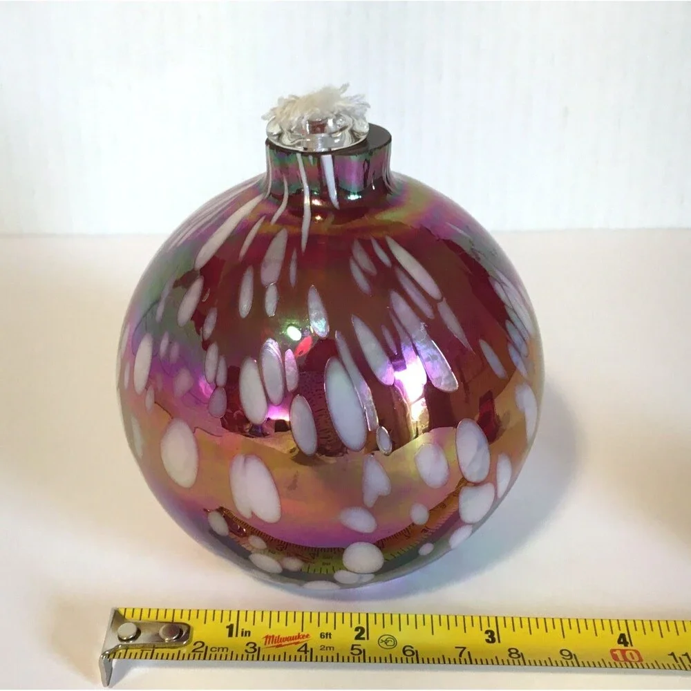 Pottery Barn Glass Oil Lamp Red White Hand Blown Art Glass Unused Iridescent